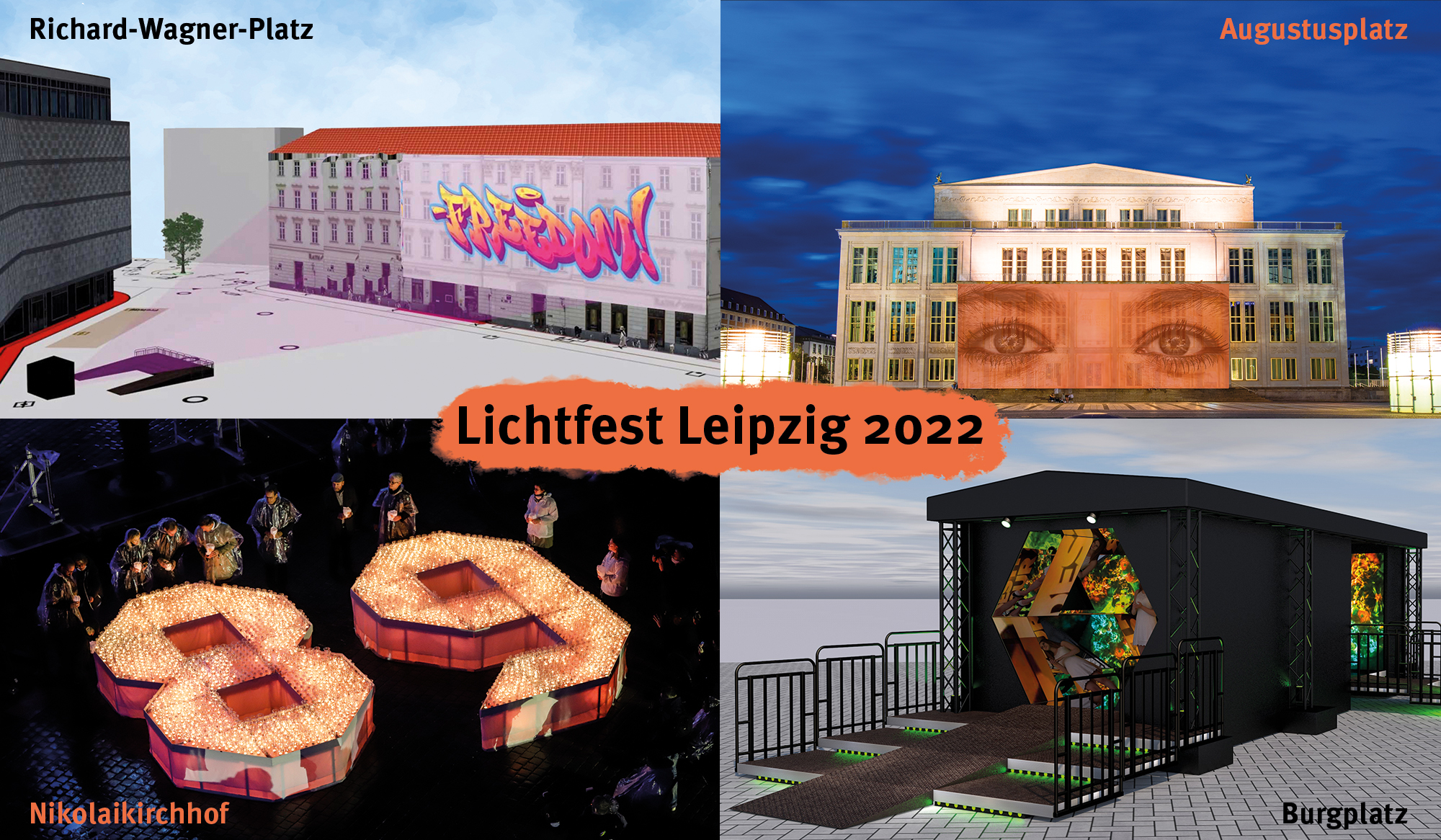 Lichtfest Leipzig 2022 mit drei Lichtinstallationen